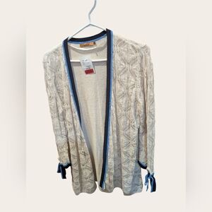 Belldini Cream Lace Cardigan with Blue Trim